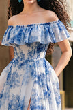 Off The Shoulder White Blue Flower Prom Dress With Slit