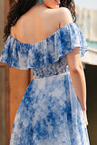 Off The Shoulder White Blue Flower Prom Dress With Slit