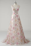 Sparkly Pink A Line Floral V Neck Long Prom Dress