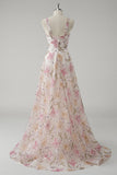 Sparkly Pink A Line Floral V Neck Long Prom Dress