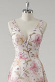 Sparkly Pink A Line Floral V Neck Long Prom Dress