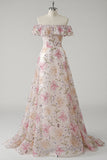 Off The Shoulder Pink Long Floral Prom Dress With Sequins