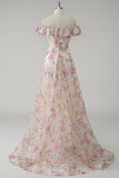 Off The Shoulder Pink Long Floral Prom Dress With Sequins