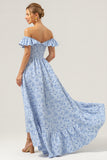 Blue Floral Off The Shoulder A Line Bridesmaid Dress