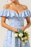 Blue Floral Off The Shoulder A Line Bridesmaid Dress