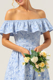 Off The Shoulder Ruffled High Low Blue Bridesmaid Dress