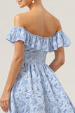Off The Shoulder Ruffled High Low Blue Bridesmaid Dress