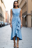 Satin Sky Blue Sheath Ruched Midi Work Dress with Ruffles