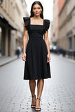 A Line Square Neck Black Satin Midi Work Dress with Ruffles