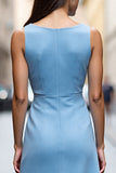 Sky Blue Bodycon Midi Ruched Work Dress with Drape