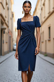 Navy Bodycon Square Neck Midi Work Dress with Short Sleeves