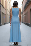 Sky Blue Satin Ruched A Line Long Work Dress