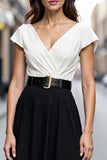 Ivory and Black Midi Satin A Line V-Neck Work Dress with Belt