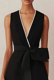 A Line Black Satin V-Neck Long Work Dress with Sash