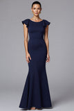 Navy Mermaid Scoop Neck Long Formal Dress with Ruffles