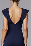 Navy Mermaid Scoop Neck Long Formal Dress with Ruffles