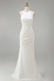 White Mermaid Ruched Spaghetti Straps Long Wedding Dress
