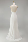 White Mermaid Ruched Spaghetti Straps Long Wedding Dress