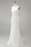 White Mermaid Ruched Spaghetti Straps Long Wedding Dress