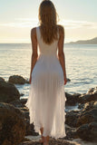 White A-Line High-Low V-Neck Boho Dress With Pleats