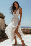 White Black Polka Dots V-Neck Long Boho Dress