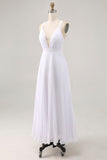 A Line Spaghetti Straps Chiffon White Long Holiday Dress