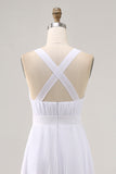 A Line Spaghetti Straps Chiffon White Long Holiday Dress