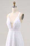 A Line Spaghetti Straps Chiffon White Long Holiday Dress