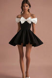 Black Satin A Line Short Graduation Dress with Bow