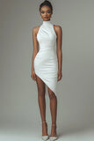 White Satin High Neck Asymmetrical Graduation Dress