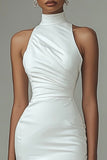 White Satin High Neck Asymmetrical Graduation Dress