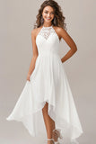 Halter A Line White Chiffon Wedding Dress with Lace