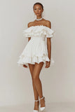 Off The Shoulder Ruffled A Line White Graduation Dress