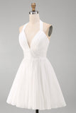 Halter A-Line White Bridal Shower Dress with Beading