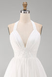 Halter A-Line White Bridal Shower Dress with Beading