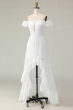 White Off The Shoulder Ruffle Graduation Dress
