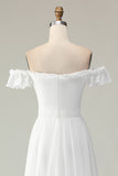 White Off The Shoulder Ruffle Graduation Dress