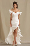 Ivory Cold Shoulder Sheath Ruffled Wedding Dress