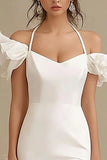 Ivory Cold Shoulder Sheath Ruffled Wedding Dress