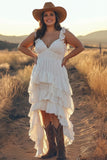 Ivory A Line Tiered Ruffle High-Low Plus Size Holiday Dress