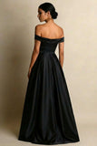 Off The Shoulder A Line Black Formal Dress with Slit