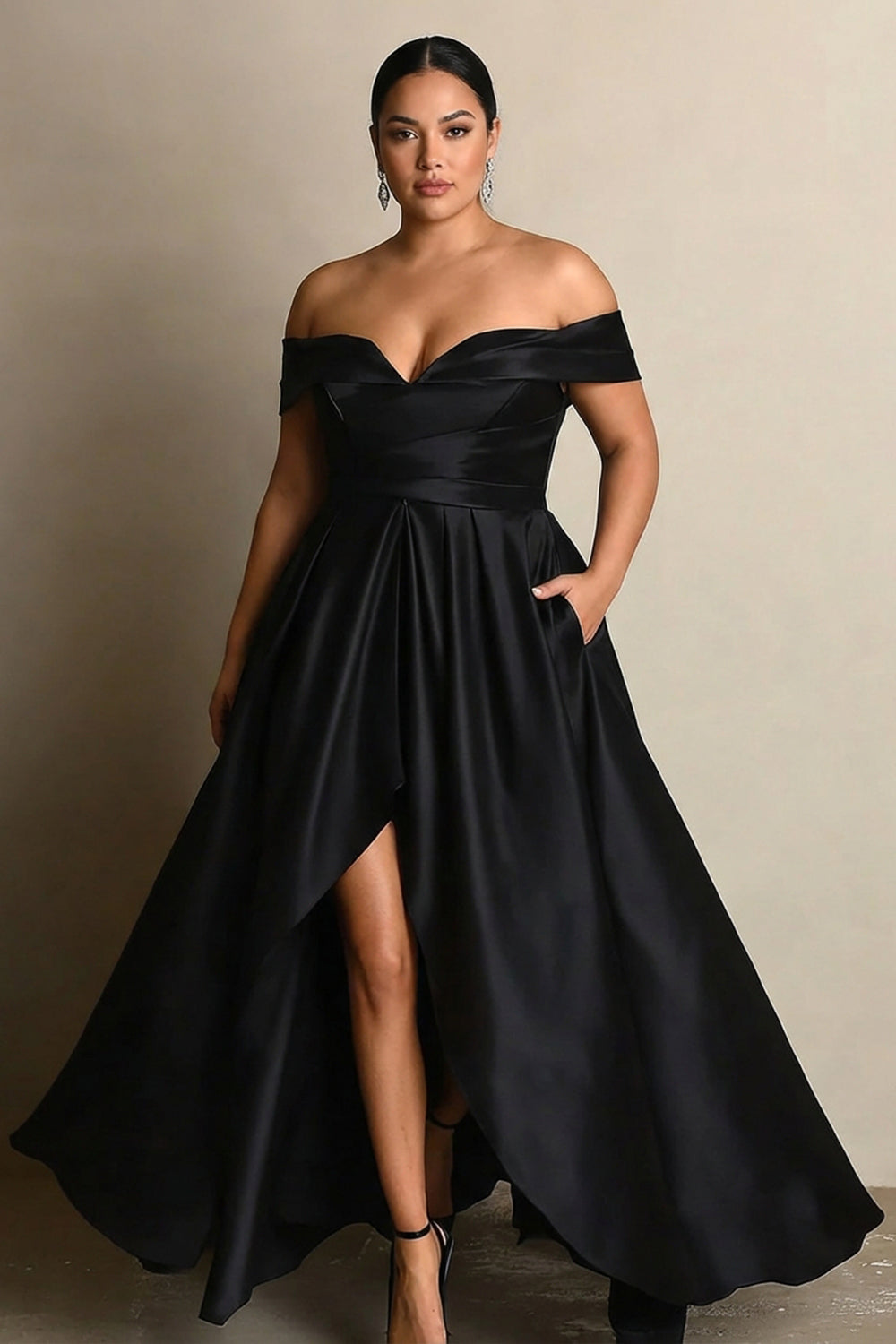 Zapaka Women Black Plus Size Formal Dress with Slit A Line Satin Off