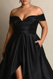 Black A Line Off The Shoulder Plus Size Formal Dress with Slit