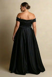 Black A Line Off The Shoulder Plus Size Formal Dress with Slit