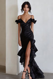 Black Cold Shoulder Ruffled Formal Dresswith Slit