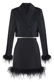 Black 2-Piece Peak Lapel Short Women Prom Suits with Feather