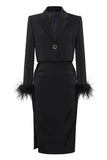 Black 2 Piece Notched Lapel Women Prom Suits with Feather