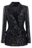 Sparkly Black Sequins Peak Lapel Double Breasted Women Prom Blazer