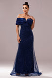 Sparkly Off The Shoulder Navy Mermaid Prom Dress