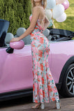 Pink Floral Halter Mermaid Party Dress with Slit